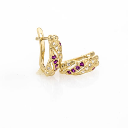 ARETES CORTOS PIEDRAS FUCSIAS 18K